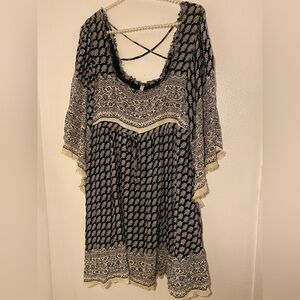 Free People Black/Blue/White Printed Boho Dress Size Large